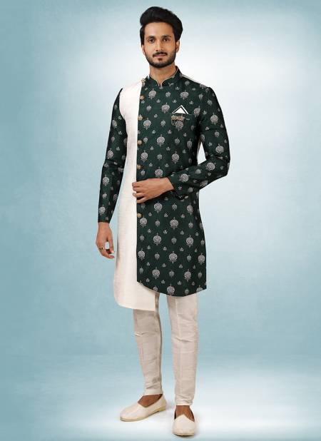 Cream And Green Colour Excluisve Wear Art Silk Digital Print Kurta Pajama With Jacket Mens Collection 1447